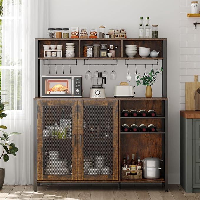 Loomie Wine Bar Cabinet with LED Lights, Industrial Coffee Bar with 3 Storage Compartments & Wine Rack &Glass Holder,Sideboard Buffet for Liquor and Glasses,Liquor Cabinet,Rustic Brown