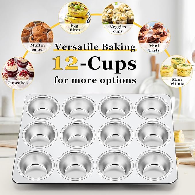 Homikit 1 Pack Muffin Pan, Stainless Steel Cupcake Tin with 12 Cups Regular Size, 13.8" x 10.4" Nonstick Metal Egg Bites Tray for Oven Baking, Non Toxic & Rust Free, Easy Release & Dishwasher Safe