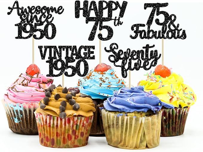 Gyufise 30 Pack black Glitter 75th Birthday Cupcake Toppers Vintage 1950 Cake Toppers Hello 75 Cake Topper Sixty Five 75 & Fabulous Cupcake Picks 75th Birthday Cake Decorations Supplies
