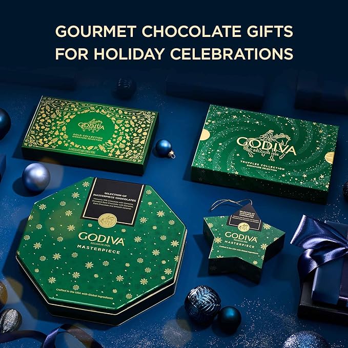 Godiva Holiday Masterpiece Star Ornament, Milk & Dark Chocolates with Ganache, Green and Gold Snowflake Design, Kosher & Halal, 7 Pc