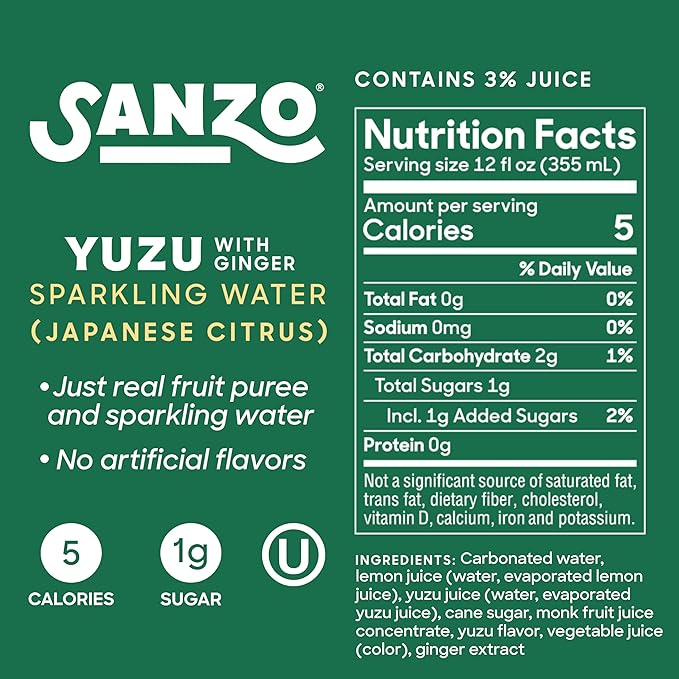 Sanzo Flavored Sparkling Water - Yuzu Lemon Soda Ginger Seltzer - Low Calorie Low Sugar Soda - Craft Asian Drinks - Vegan Gluten Free Carbonated Flavored Water - Fizzy Healthy Drinks - 12oz, 12 Pack