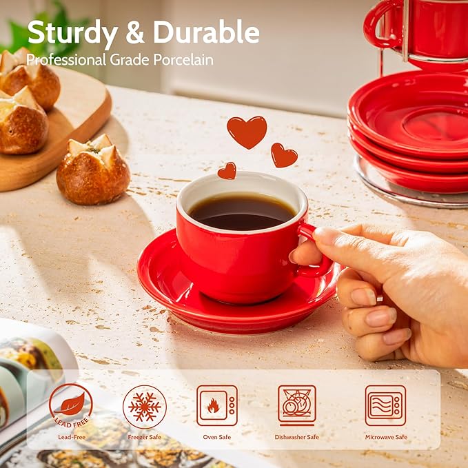 Sweese 8 Ounce Porcelain Stackable Cappuccino Cups with Saucers and Metal Stand - for Specialty Coffee Drinks, Cappuccino, Latte, Americano and Tea - Set of 4, Red
