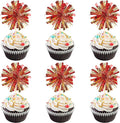 30 PCS Foil Firework Cupcake Toppers Sparkle Tinsel Cupcake Picks Happy Birthday Cake Decorations Drink Stirrers Cocktail Food Fruit Toothpicks for Baby Shower Graduation Party Supplies Red Gold