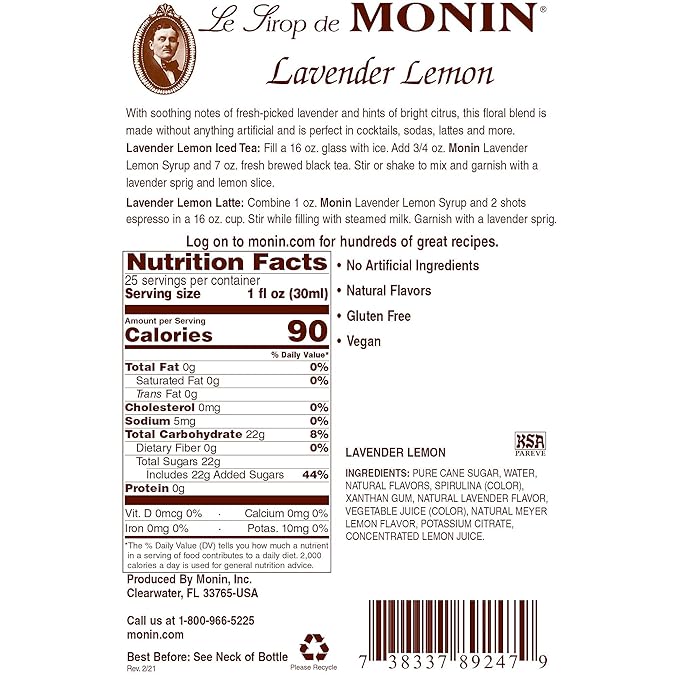 Monin - Lavender Lemon Syrup, Soothing Lavender & Citrus Flavored Syrup, Coffee Syrup, Natural Flavor Drink Mix, Simple Syrup for Coffee, Cocktails, Soda, & More, Gluten-Free, Clean Label (750 ml)