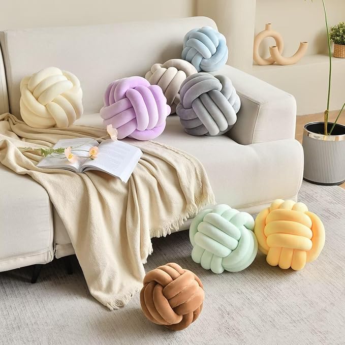 Decorative Throw Knot Pillow Ball for Home Chair Sofa Couch Bed Aesthetic Round Velvet Knotted Pillow Cushion (Yellow, 11 inches)
