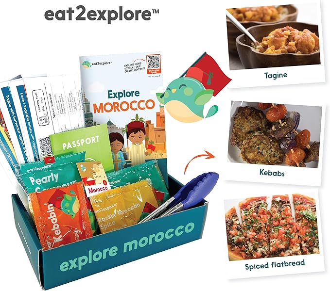 eat2explore Cooking Kits for Kids – Interactive & Educational Kids Cooking Sets Real for Ages 5 and Up,3 Recipe Cards & Global Ingredients – Fun Gift for Young Chefs (Morocco Edition)