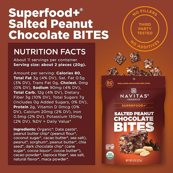 Navitas Organics Salted Peanut Chocolate Superfood+ BITES – Power Snacks – All Natural Plant Based – Clean Energy & Nutrition – USDA Organic, Non GMO, Gluten Free, Kosher, Vegan (8oz. Bag 11 Servings)
