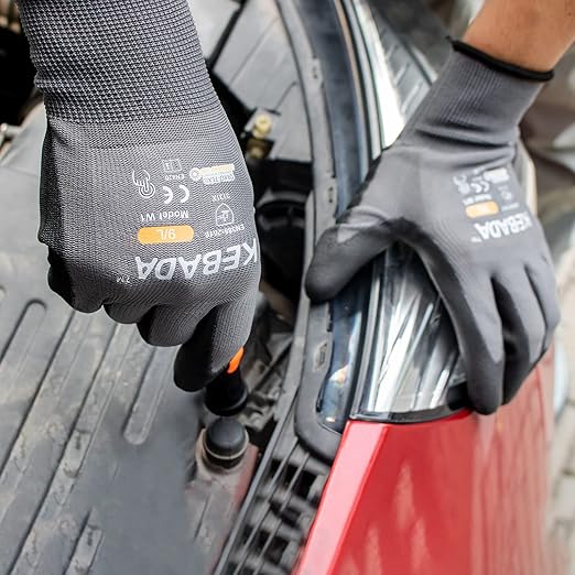 Kebada W1 Work Gloves for Men and Women, Touchscreen PU Coated Gloves with Grip, 50 Pairs Bulk Pack, Ideal for Warehouse Package Handling, Construction, Gardening, Gray Small