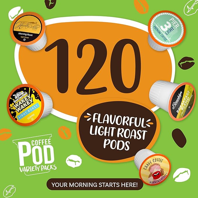 Coffee Pod Variety Packs Light Roast Sampler, Assorted, Compatible with 2.0 K-Cup Brewers, Variety Pack, 120 Count (Pack of 1)