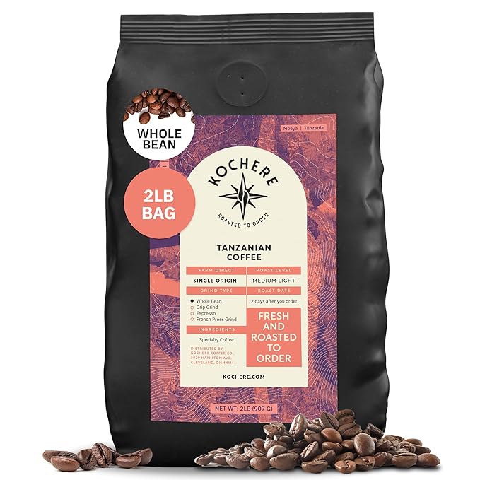 Kochere Tanzanian Specialty Whole Bean Coffee – 2LB Medium Roast – Freshly Roasted to Order – Single Origin, Farm Direct, Rich and Bright Coffee Beans – Fruity & Smooth Notes