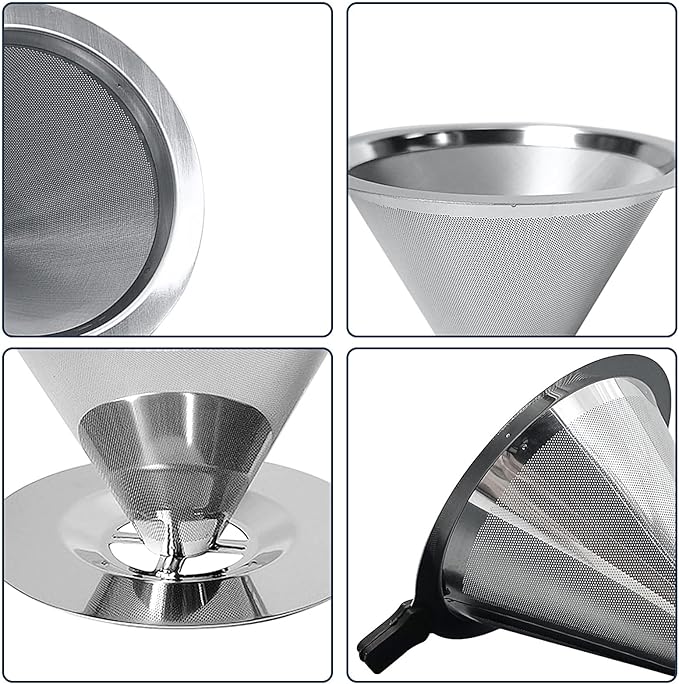 Pour Over Coffee Dripper-Stainless Steel Coffee Filter,Reusable Drip Cone Coffee Filter Portable Pour for 1-4 Cup (With Base, L)