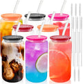 Joyclub 8pcs Glass Cups with Acrylic Lids and Straws 16 oz Can Shaped Glass Iced Coffee Cups with Lids and Straws, Cute Tumbler Cup Drinking Glasses for Smoothie Whiskey Boba Soda Tea Gift