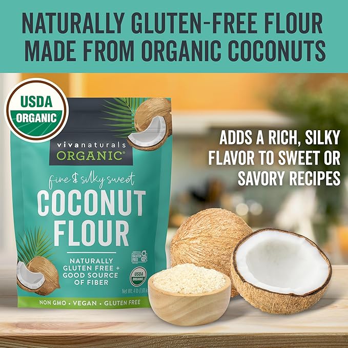 Viva Naturals Organic Coconut Flour, 4 lbs (1.81 kg) – Gluten Free Flour for Keto, Paleo & Vegan Baking, Good Source of Fiber, Low Fat, Non-GMO, Unbleached & Unrefined