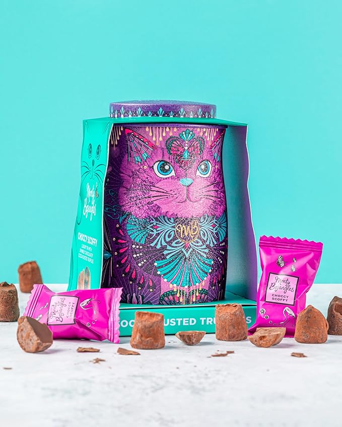Monty Bojangles Cocoa Dusted Chocolate Truffles Cat Tin (Violet Rebel - 4.7oz) Choccy Scoffy Flavored Luxury Chocolatey Truffles - Collectable Cat Tin, Chocolate Gift Box With Bespoke Design