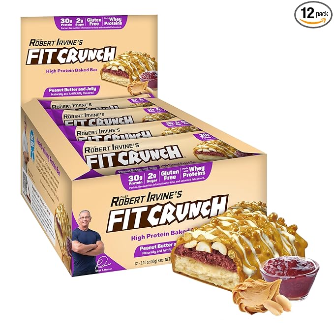 FITCRUNCH Full Size Protein Bars, 6-Layer Baked Bar, 2g of Sugar, Gluten Free & Soft Cake Core (12 Bars, Peanut Butter and Jelly)