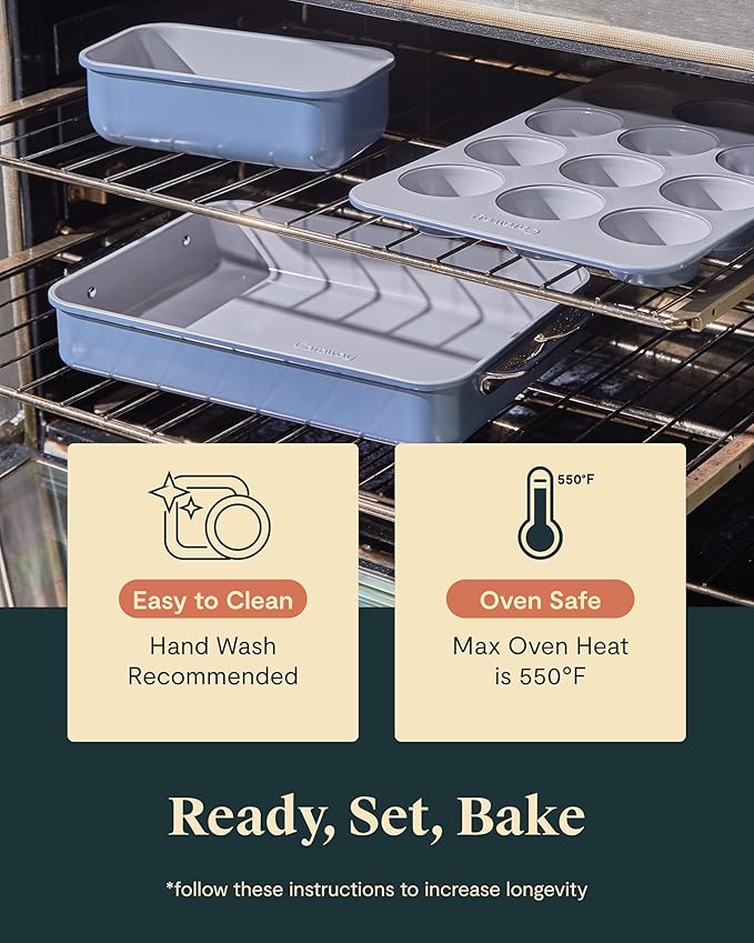 Caraway Nonstick Ceramic Bakeware Set (11 Pieces) - Baking Sheets, Assorted Baking Pans, Cooling Rack, & Storage - Aluminized Steel Body - Non Toxic, PTFE & PFOA Free - Cream
