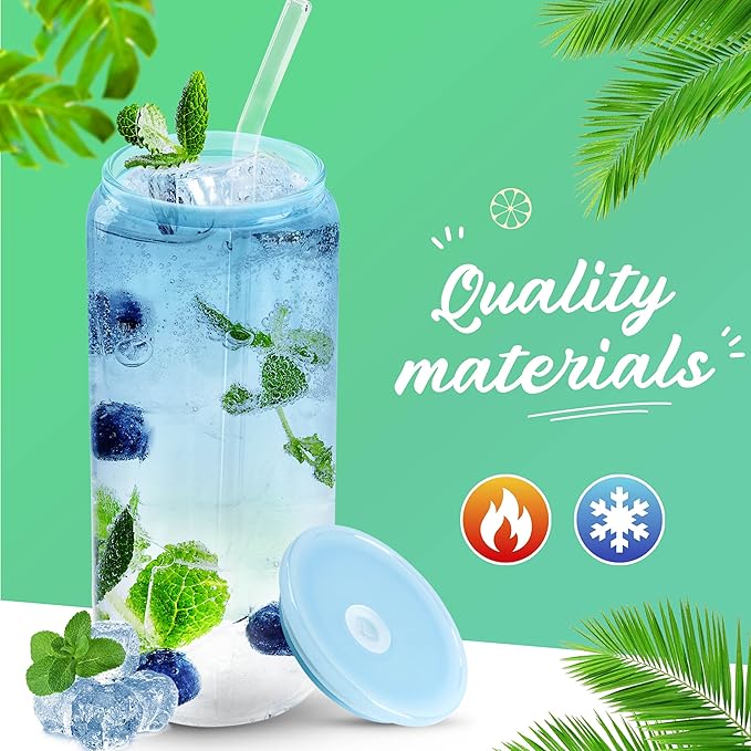 Joyclub 20oz Glass Cups with Acrylic Lids and Straws 8 Set Can Shaped Glass Iced Coffee Cups with Lids, Gradient Drinking Glasses Cute Tumbler Cup Great for Smoothie Soda Boba Tea Cocktail Beer Gift