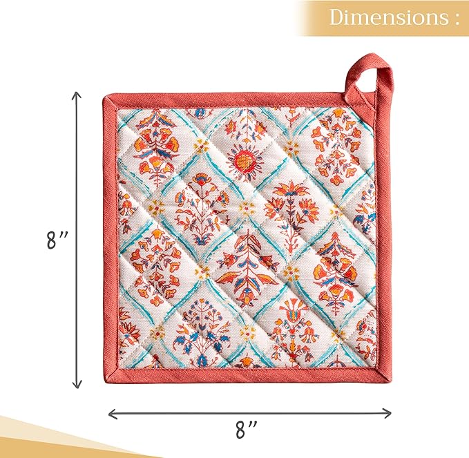 Maison d' Hermine Pot Holders Set 100% Cotton Heat Resistant Potholders 8" x 8" Hot Pads with Loop BBQ, Cooking, Baking, Grilling, Kitchen, Handling Hot Pans (Pack of 2, Romane)