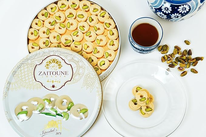 Zaitoune Ghraybeh Cookies - 1.1 lb | Luxurious Traditional Middle Eastern Pistachio Shortbreads Handcrafted in Turkey | Beautiful Reusable Gift Tin | Perfect for Dessert | Great Sharing Present