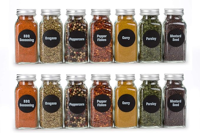 6oz, BEST VALUE 14 Large Glass Spice Jars includes pre-printed 126 Chalkboard Spice Labels plus 113 PVC Clear Labels. 14 Square Empty Jars, Airtight Cap, kitchen Funnel Pour/Sift Shakers