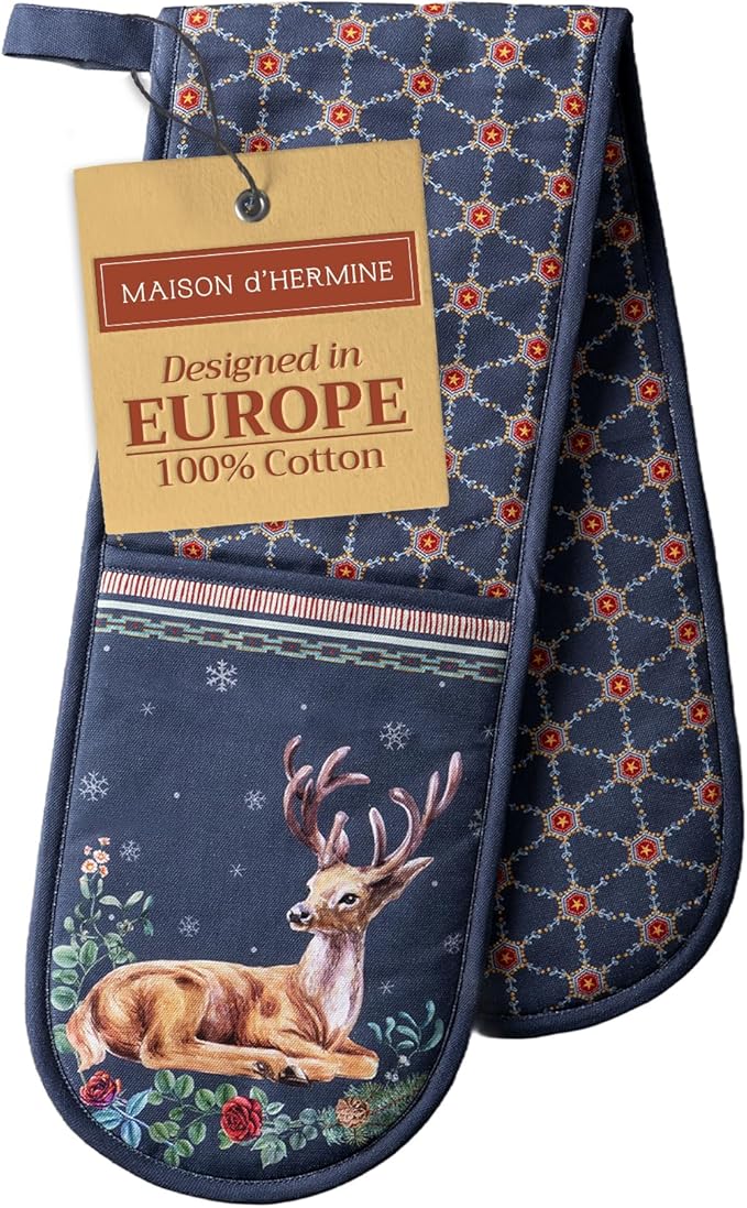 Maison d' Hermine Double Oven Mitts 100% Cotton 7"x35" Double Oven Mitt Heat Resistant BBQ Cooking Gloves with Loop, Baking, Grilling, Home, Kitchen, Handling Hot Pans (Christmas Joy)