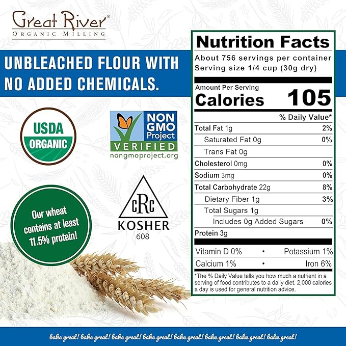 Great River Milling Lily White Organic All-Purpose Flour | Unbleached & Unbromated | Non-GMO, Kosher | Ideal for Bread, Cookies, Cakes, Pizza Dough & Everyday Baking | 50 Lb