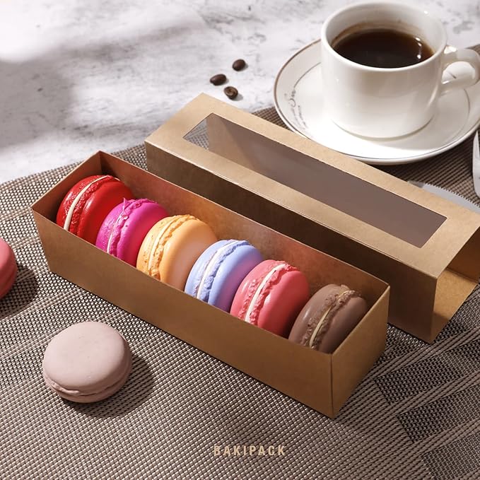 25 Macaron Boxes for 6 Macarons Kraft Macaron Boxes with Interior Measurement 7.3" x 1.9" x 1.9" Macarons Gift Boxes with Clear Window (without Macaron inside)
