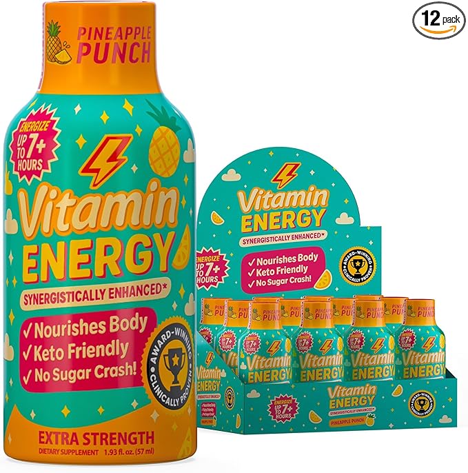 Vitamin Energy Immune+ Extra Strength Energy Shot Pineapple Punch 12 Pack, 260mg Natural Caffeine, B-Vitamins, Citicoline, Green Tea, Immunity & Focus Support, Zero Sugar, Gluten-Free 1.93 fl oz