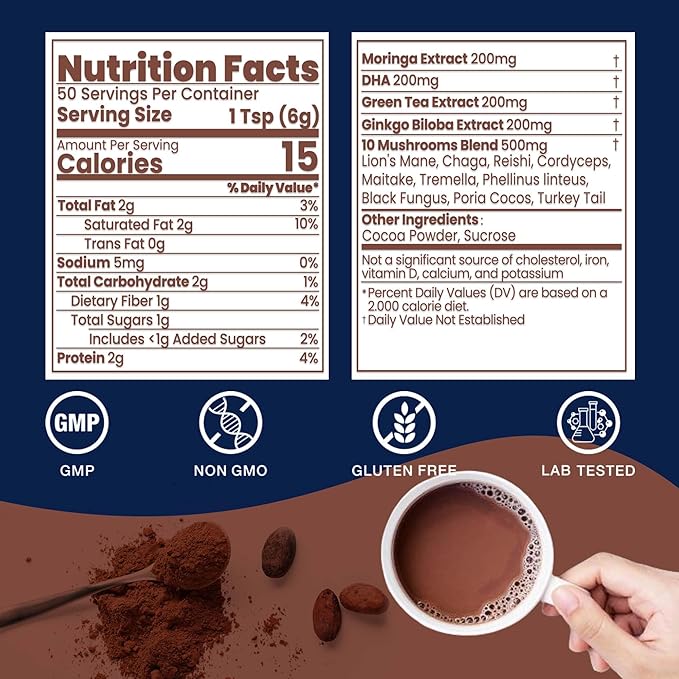 Mushroom Hot Chocolate, 50 Servings Cocoa Powder | 10 Mushrooms Supplements with Moringa Extract, DHA, Green Tea & Ginkgo Biloba | Support Focus & Gut Health | Vegan & Keto, Gluten-Free
