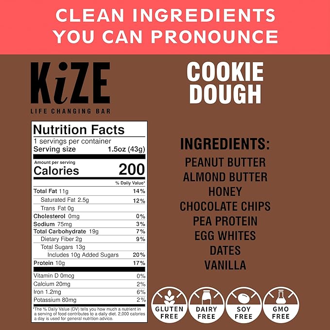 KiZE Energy Bars - Cookie Dough - Gluten Free, Dairy Free, Non-GMO, and High Protein Meal Replacement Energy Bars, Clean and Simple Food Ingredients - 10g High Protein Snacks, (10 Count)