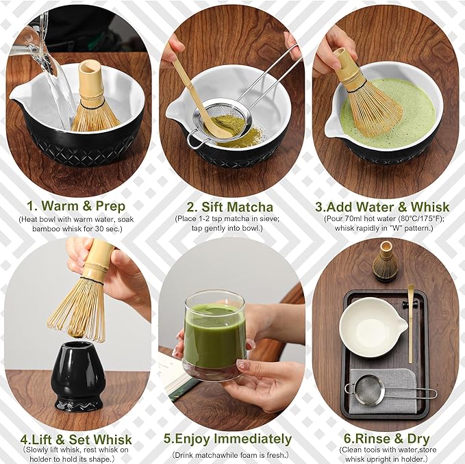 Matcha Whisk Set, 7 Pcs Matcha Kit, Ceramic Matcha Set Includes Matcha Bowl with Spout, Matcha Whisk and Holder, Bamboo Scoop, Scoop Rest, Sifter and Tea Towel (Onyx Black)