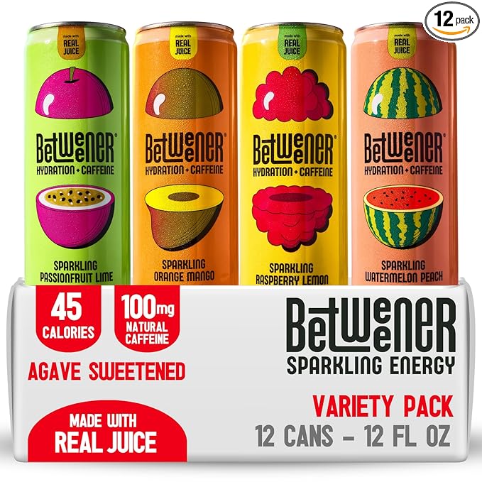 Betweener Sparkling Energy Seltzer, Sparkling Water w/Real Juice & 100mg Caffeine, Light & Refreshing, L-Theanine for Focus, Vitamins B+C - Low Sugar - 45 Cals - Variety Pack (12 Pack)