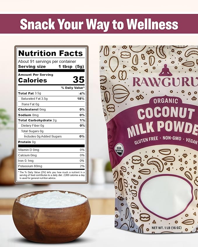 RawGuru Organic Coconut Milk Powder - Vegan & Nutrient-Dense Powder with Iron & Potassium - Rich & Creamy Organic Milk for Drinking or Baking - 48 oz, Pack of 1