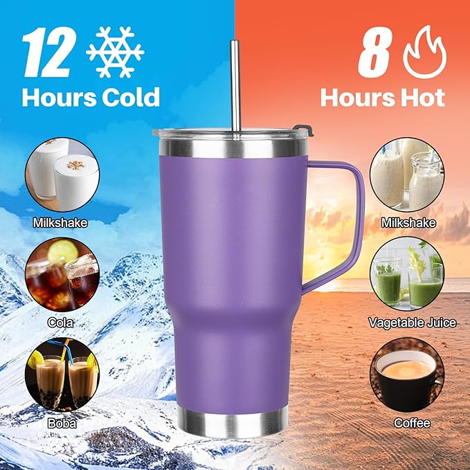 20 oz Tumbler with Handle, Stainless Steel Insulated Tumbler with Lid and Straw, Double Wall Vacuum Coffee Mug Tumbler, Insulated Coffee Thermal Cup for Cold and Hot (Purple)