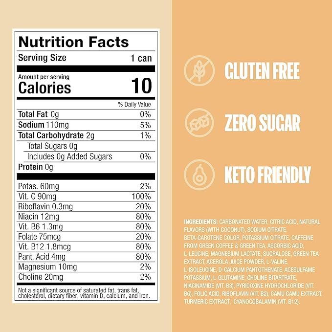 ZOA Zero Sugar Energy Drinks, Pineapple Coconut - Sugar Free with Electrolytes, Healthy Vitamin C, Amino Acids, Essential B-Vitamins, and Caffeine from Green Tea - 12 Fl Oz (12-Pack)