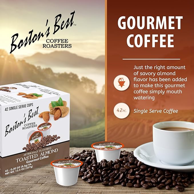 Boston’s Best - Toasted Almond Flavored Delicious Gourmet Coffee Compatible with Keurig Coffee Maker, 1 Count (42 Single Serve Medium Roast Cups)