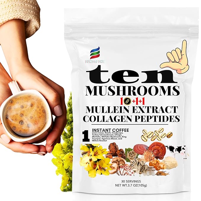 SUNDAFONE Mushroom Coffee with Grass-Fed Collagen, Mullein,Lion's Mane,Reishi and 10 Adaptogenic Mushrooms for Focus,Immunity,Memory,Clarity,Breathing,Skin; Super Instant Collagen Coffee Blend