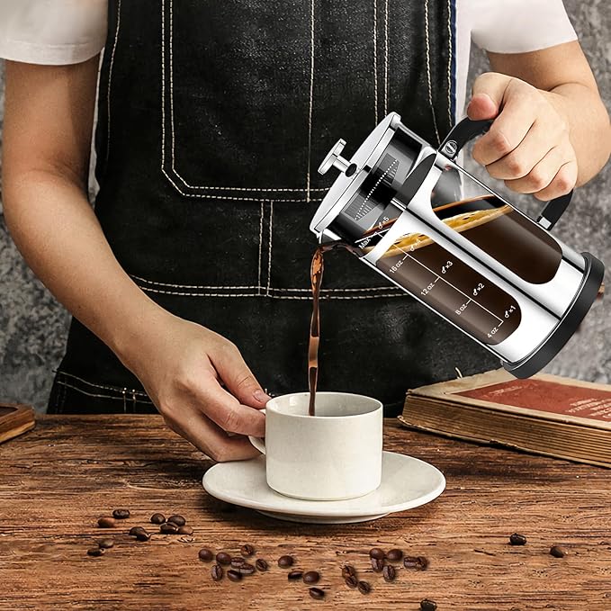 French Press Coffee Maker (21oz 600ML 3-4Cup) Coffee Press, with 4 Filters System, Heat Resistant Thickness Borosilicate Glass, Cold Brew Coffee Tea Pot Gifts (Silvery)