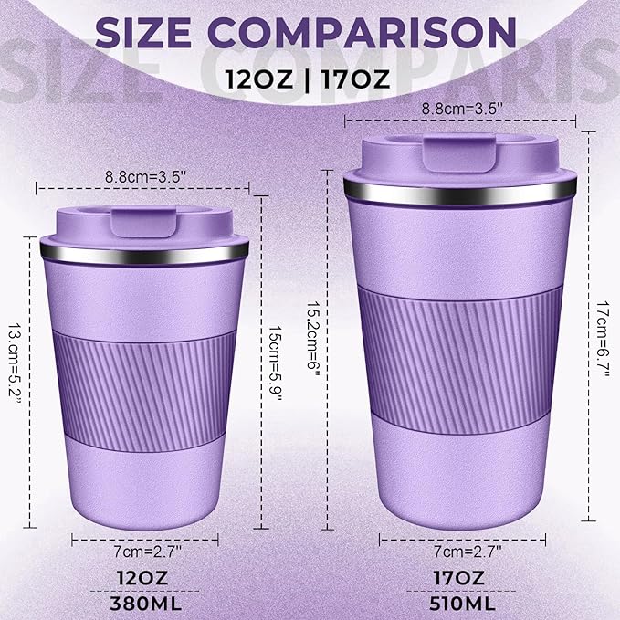 Insulated Coffee Tumbler 12 oz, Stainless Steel Coffee Mug with Lids, Travel Coffee Mug Leak Proof, Double Wall Vacuum Insulated Reusable Coffee Cup, Keep Drinks Hot and Cold (Lavender, 12 Ounces)