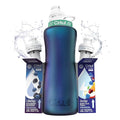 Cirkul 32oz. Chameleon Stainless Steel Water Bottle Starter Kit with Green Lid, 2 Flavor Cartridges (1 LifeSip Blackberry Blueberry, 1 GoSip Berry Blue Punch) No Sugar, Zero Calorie Drink Mix