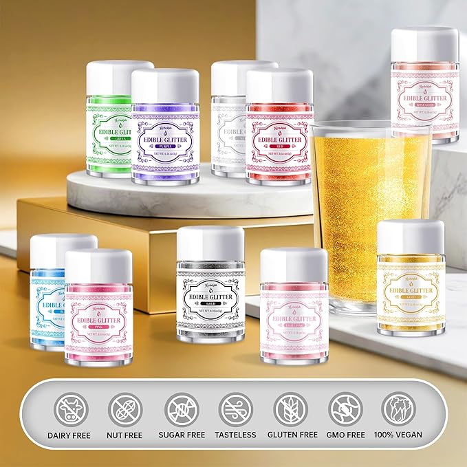 Edible Glitter for Cocktails - 14 Colors Luster Dust Edible Drink Glitter Food Grade Metallic Shimmer Powder Cake Sprinkles for Beverage Chocolate Candy, 5g/Bottle