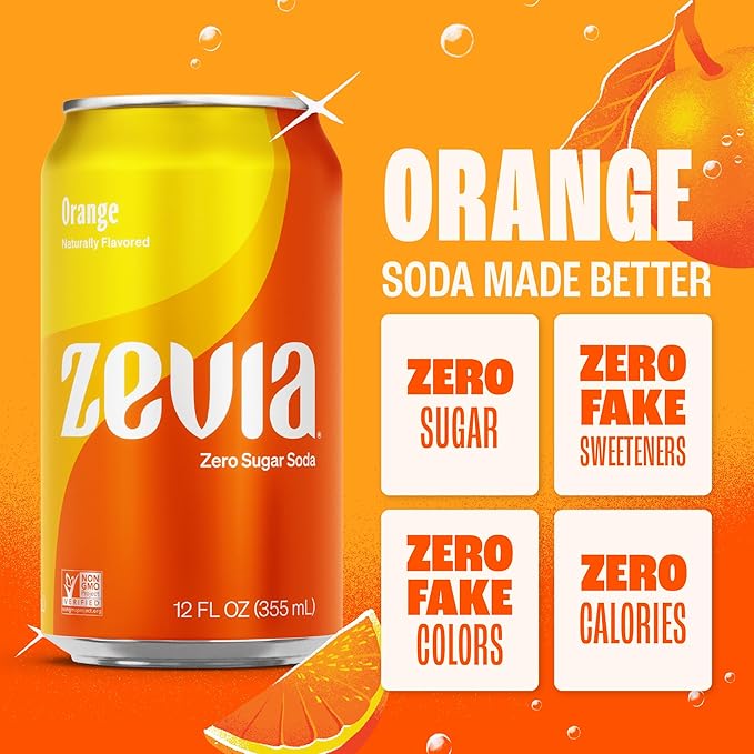 Zevia Zero Sugar Soda, Orange, 12 oz Cans (24-Pack) – Naturally Sweetened, Non-GMO Project Verified, Gluten-Free, Vegan