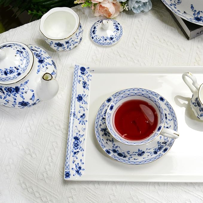 Bone China Tea Set with 2-Tier Afternoon Tea Stand and Serving Trays