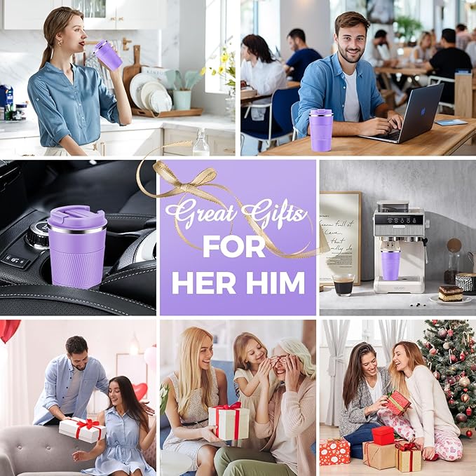 Volhoply 13 oz Stainless Steel Insulated Travel Coffee Mug with Fip Lid Bulk 4 Pack,Reusable Double Wall Vacuum Metal Coffee Cup,Portable Leak Proof Thermal Tumbler for Hot & Cold Drinks(Purple,4)