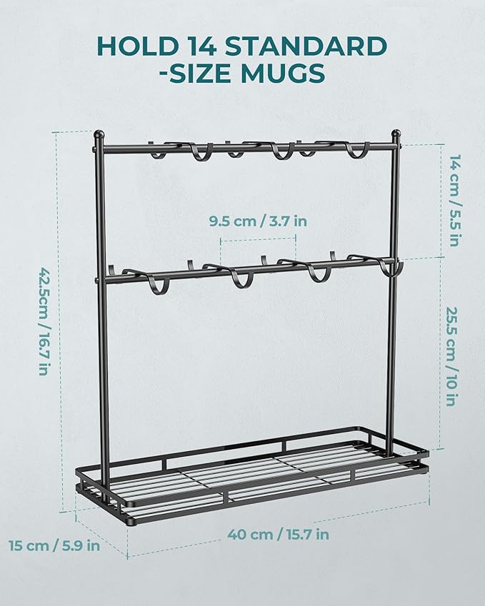OROPY Coffee Mug Holder for Countertop, 14-Hook Mug Tree Rack for 14 Cups, 2 Tier Mug Display Stand with Heavy Duty Metal Base