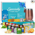 Modern Elegance Tea Tumbler Gift Set – Includes Tea Bag Holder, Spoon, Honey Straw, 15 Assorted Flavor Blends & Hot & Cold 12oz Insulated Tumbler – Ideal for Holiday Gift for Tea Lovers – Rose Gold