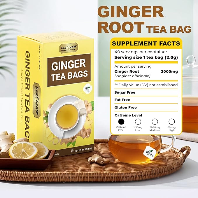 LeafLea 100% Pure Ginger Root Tea Bags – Spicy & Warming Herbal Tea, Supports Digestion & Immune Health, Individually Wrapped, Non-GMO, Caffeine Free, Sugar Free, No Gluten