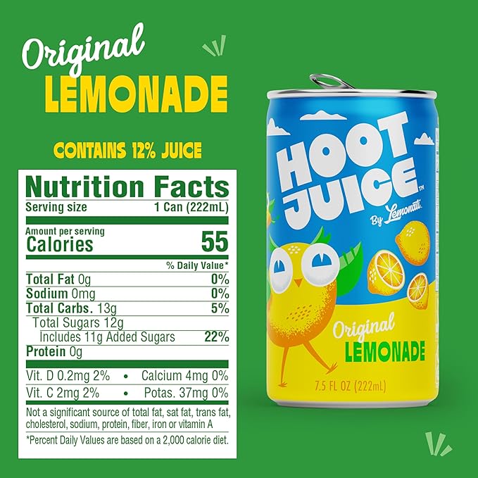 Hoot Juice Original Lemonade By Lemonati, No Artificial Sweeteners or Flavors, Gluten-Free, Kosher, Non-GMO, Vegan, 7.5 Fl Oz Mini-Cans, Pack Of 24, Original Lemonade