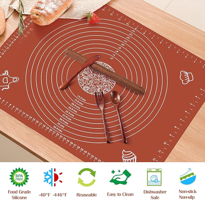6PCS Silicone Baking Mat Set, Pastry Mat with Measurements Wooden Rolling Pin/Knife/Fork/Spoon/Scraper, Pasta Cutter,Non-slip Silicone Mat, Non-Stick Dough Mat for Counter,Kneading Mat Set,20"*16"