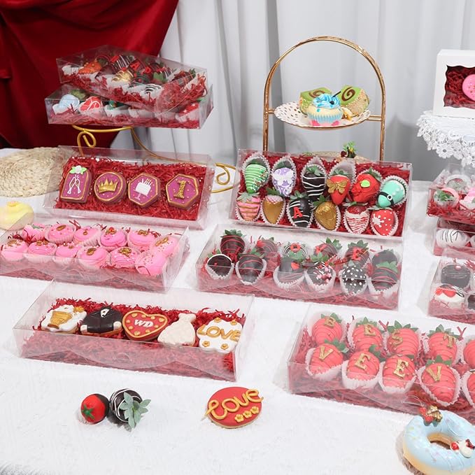 RomanticBaking 12PCS 12x5x2 Inch Clear Treat Boxes for Chocolate Covered Strawberries, Cocoa Bombs, Donuts, Muffins, Pastries, Bakery, Cookie, Macaron, Gift Boxes for Party Favors